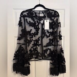 Anthropologie Endless Rose Mesh Floral Appliqué Lace Fringe Cuff Top Medium
